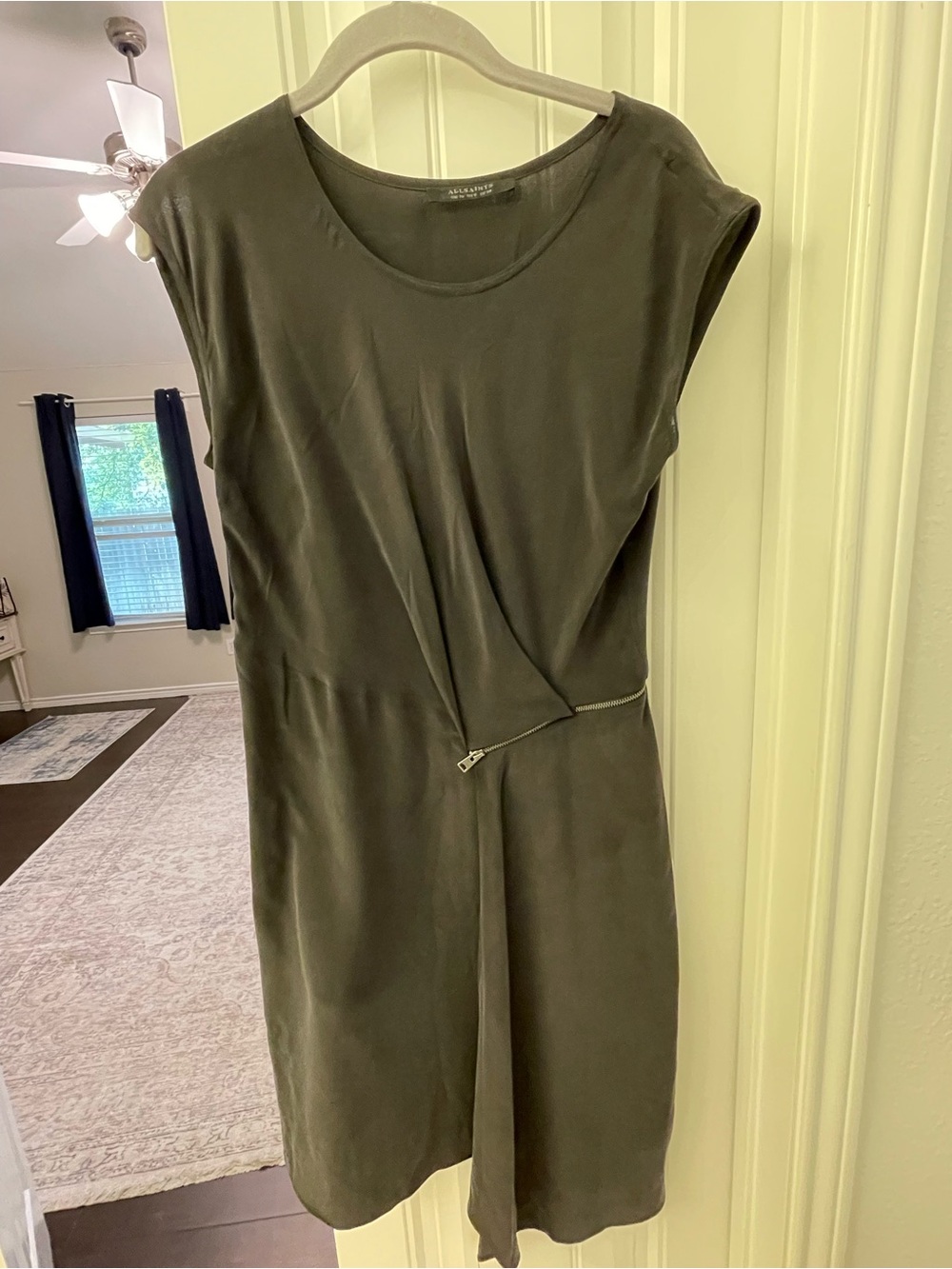 All Saints Olive Green Sleeveless Draped Zipper Midi Dress